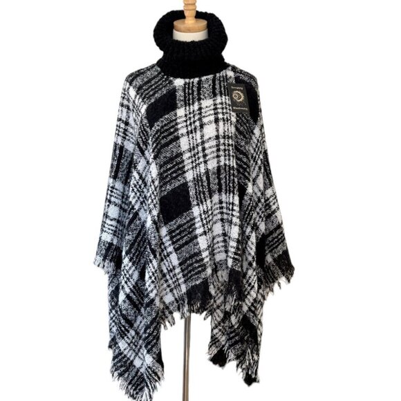 Fuzzy Soft Light Weight Chunky Turtleneck Plaid Gingham Kaftan Poncho Sweater - Picture 3 of 9